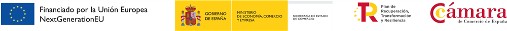 Logos NextGenerationEU, Gobierno de España, Plan de Recuperación y Cámara de Comercio de España